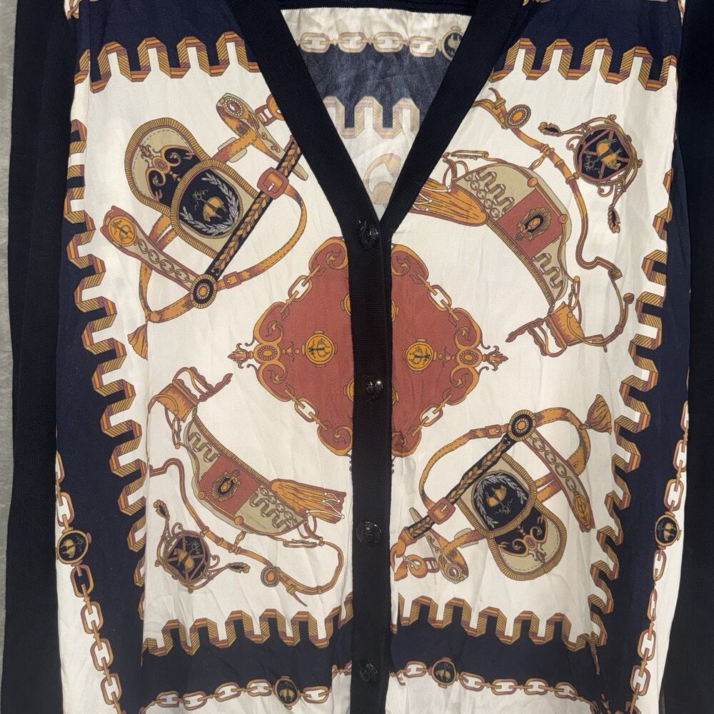 Brooks Brothers Equestrian Chain Scarf Print Silk Cardigan SZ XL Old Money - Picture 2 of 8